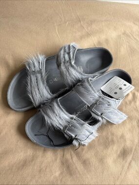 Rick Owens Birkenstock Collab Gray Furry Double-Strap Slide Sandals